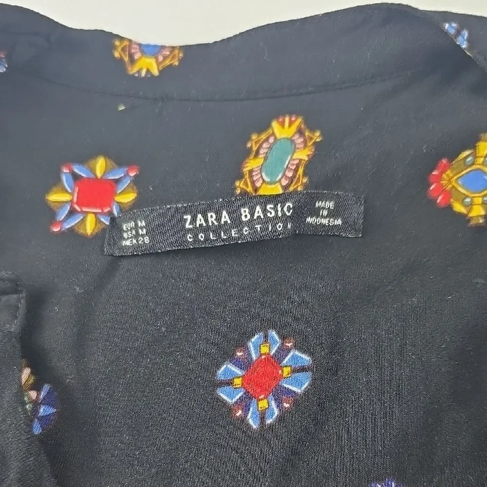 Zara -1824 Jewel Print‎ Button Up Shirt Long Sleeve Black Multicolor Medium
